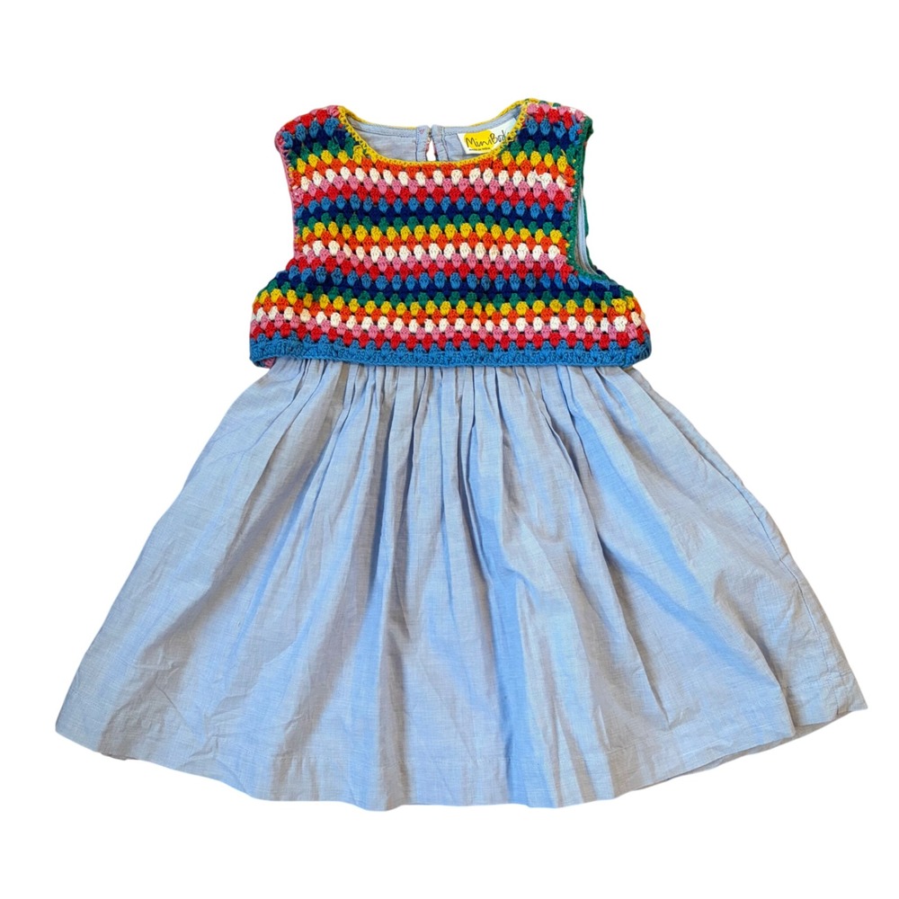 Mini Boden Kids Rainbow Crochet Dress Light Blue Cotton 3-4Y 104cm Easter Spring